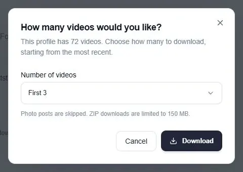 Bulk TikTok video downloader dialog with quantity selection, Cancel and Download buttons