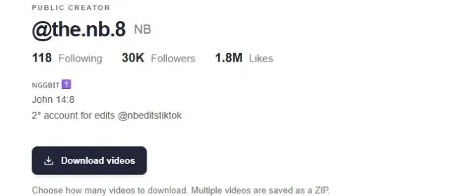 Public TikTok creator profile with the Download videos button and ZIP download explanation