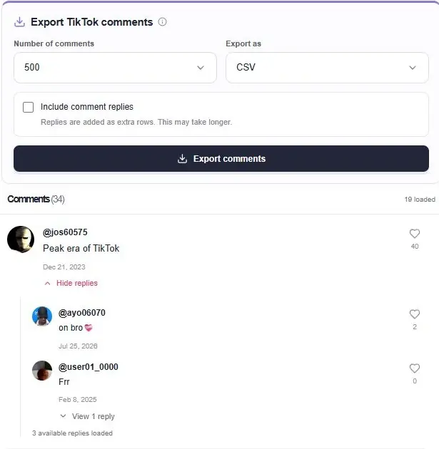 TikTok comment viewer with export settings and an expanded comment reply thread