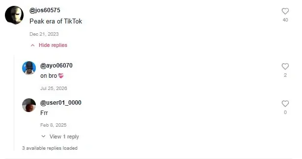 A TikTok comment with its replies expanded below the parent comment