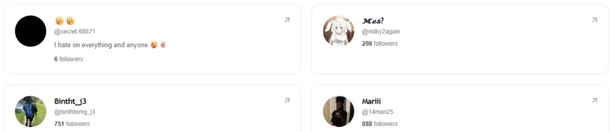 Clickable TikTok follower cards with usernames, biographies and available follower counts