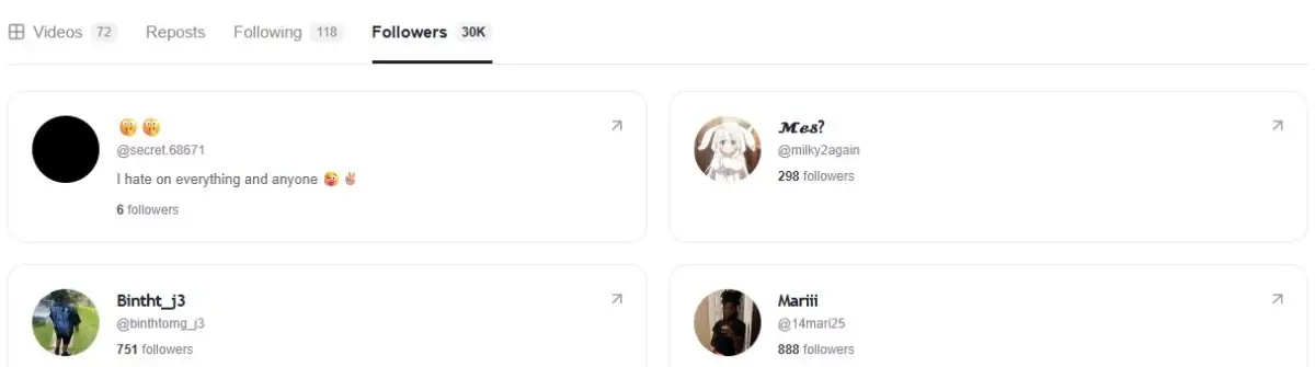 TikTok follower viewer showing the selected Followers tab and public account cards