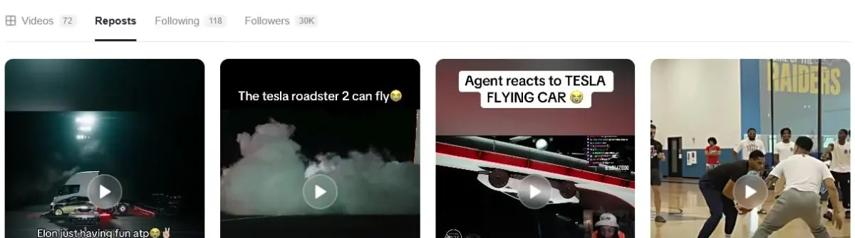 TikTok repost viewer with Reposts selected and a grid of shared video previews