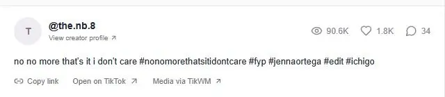 TikTok video caption, creator username and public view, like and comment counts